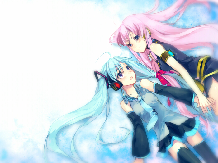 2girls, aobara, detached_sleeves, hatsune_miku, headset, holding_hands, long_hair, megurine_luka