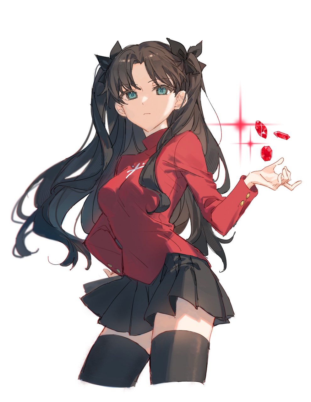 1girl, black_bow, black_hair, black_skirt, black_thighhighs, blue_eyes, bow, closed_mouth, cropped_legs, expressionless, fate/stay_night, fate_(series), gem, hair_bow, hand_on_own_hip, hand_up, highres, long_hair, long_sleeves, looking_at_viewer, pleated_skirt, red_gem, red_shirt, shirt, simple_background, skirt, solo, thighhighs, tohsaka_rin, tsubame_airs, turtleneck, two_side_up, white_background, zettai_ryouiki