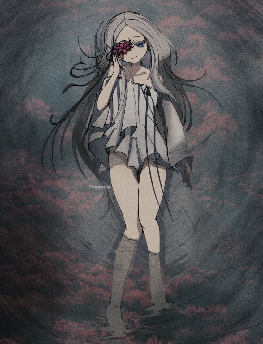 1girl, afloat, blue_eyes, blue_ribbon, colored_eyelashes, dress, flower, grey_hair