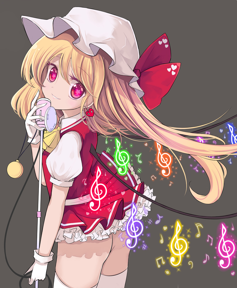 1girl, alternate_hair_length, alternate_hairstyle, alternate_wings, ascot, beamed_eighth_notes, bow, clothes_lift