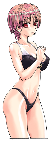 1girl, bare_arms, bare_shoulders, bikini, black_bikini, breasts, cleavage, cropped_legs, earrings, hair_between_eyes, hand_up, jewelry, kagehi_no_loo, kristell_(mabinogi), mabinogi, medium_breasts, navel, pink_hair, red_eyes, short_hair, simple_background, solo, standing, swimsuit, thighs, white_background