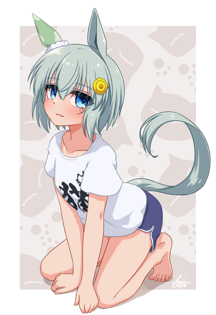 1girl, absurdres, alternate_costume, animal_ears, animal_print, barefoot, blue_eyes, blue_shorts, blush, border, cat_print, commentary_request, ear_covers, grey_hair, hair_between_eyes, hair_ornament, hairclip, highres, horse_ears, horse_girl, horse_tail, lexis_yayoi, print_shirt, seiun_sky_(umamusume), shirt, short_hair, short_sleeves, shorts, single_ear_cover, smile, solo, tail, umamusume, white_border, white_shirt
