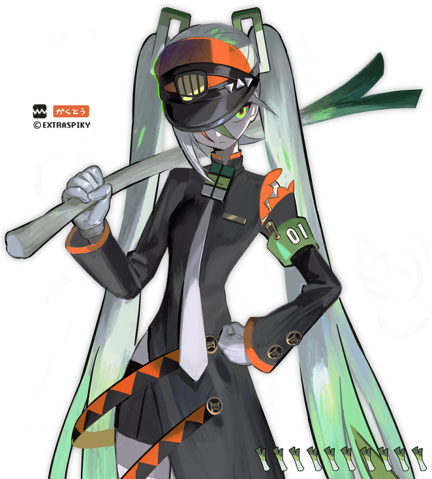 1girl, armband, bike_shorts, black_dress, commentary, delinquent, detached_sleeves, dress, extraspiky, fighting_miku_(project_voltage), food, gloves, gradient_hair, green_armband, hair_between_eyes, hatsune_miku, highres, holding, holding_food, holding_spring_onion, holding_vegetable, long_hair, multicolored_hair, necktie, nintendo, one_eye_covered, pokemon, project_voltage, side_slit, simple_background, single_detached_sleeve, solo, spring_onion, sukeban, twintails, vegetable, very_long_hair, visor_cap, vocaloid, white_background, white_gloves, yellow_eyes