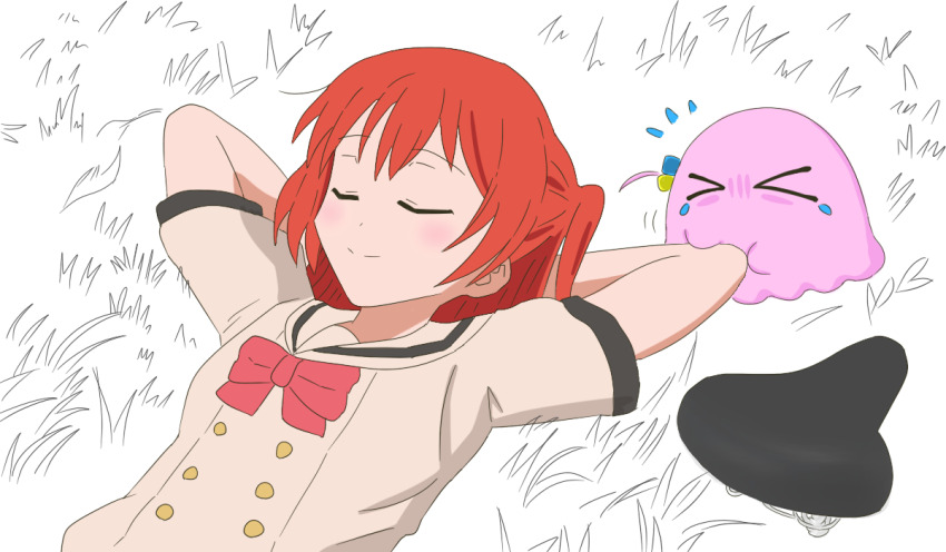 >_<, arms_behind_head, bicycle_seat, bocchi_the_rock!, commentary_request, cube_hair_ornament, gaanetto, gotoh_hitori