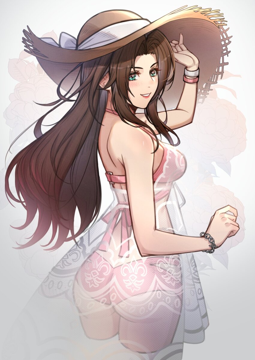 1girl, aerith_gainsborough, aerith_gainsborough_(sunny_robe), ass, bikini, blush, breasts, brown_hair, commentary, costa_del_sol, dress, english_commentary, final_fantasy, final_fantasy_vii, final_fantasy_vii:_ever_crisis, forehead, from_behind, green_eyes, grin, hat, highres, lips, long_hair, looking_at_viewer, lukrevadraws, medium_breasts, official_alternate_costume, pink_bikini, pink_lips, see-through_clothes, see-through_dress, sidelocks, smile, solo, straw_hat, sun_hat, swimsuit, white_background