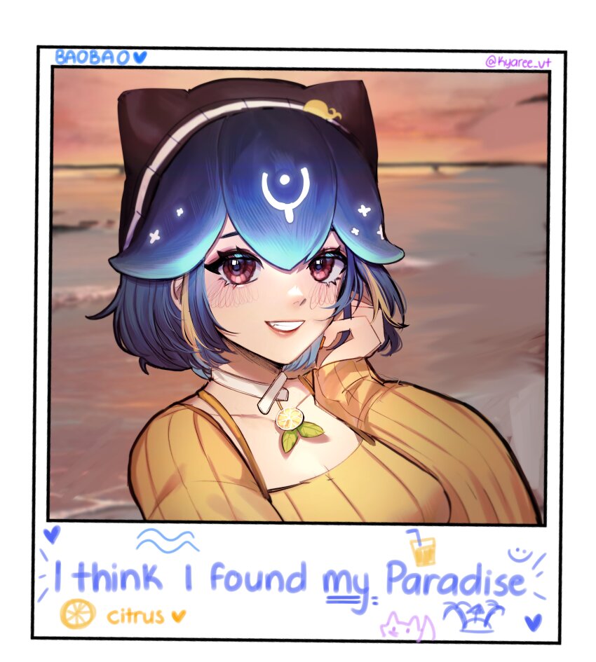 1girl, absurdres, bao_the_whale, bao_the_whale_(citrus_love), beach, beret, black_hat, blonde_hair