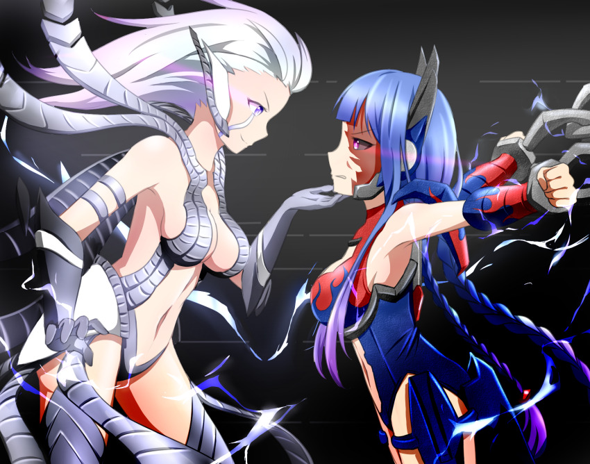 2girls, backless_leotard, blood, blood_on_face, blue_hair, blue_leotard, bound, braid, breasts, center_opening, clenched_hands, clothing_cutout, cuffs, electricity, eye_trail, floating_hair, from_side, genderswap, genderswap_(mtf), gloves, gradient_hair, grey_gloves, grey_leotard, grey_thighhighs, hair_slicked_back, hand_on_another's_chin, highres, humanization, keven_(ewdx3754), leotard, light_trail, medium_breasts, multicolored_hair, multiple_girls, navel, open_hand, optimus_prime, purple_eyes, purple_hair, quintessa, shackles, sideboob, smile, stomach_cutout, thighhighs, transformers, transformers:_the_last_knight, transformers_(live_action), twin_braids, v-shaped_eyebrows
