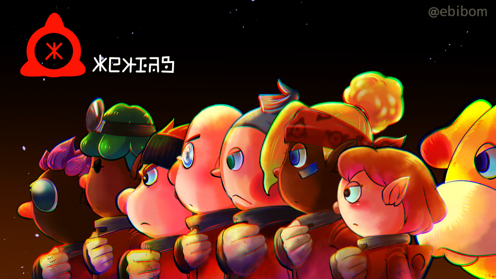 +_+, 2girls, 5boys, alien, asymmetrical_bangs, backpack, bag, bald