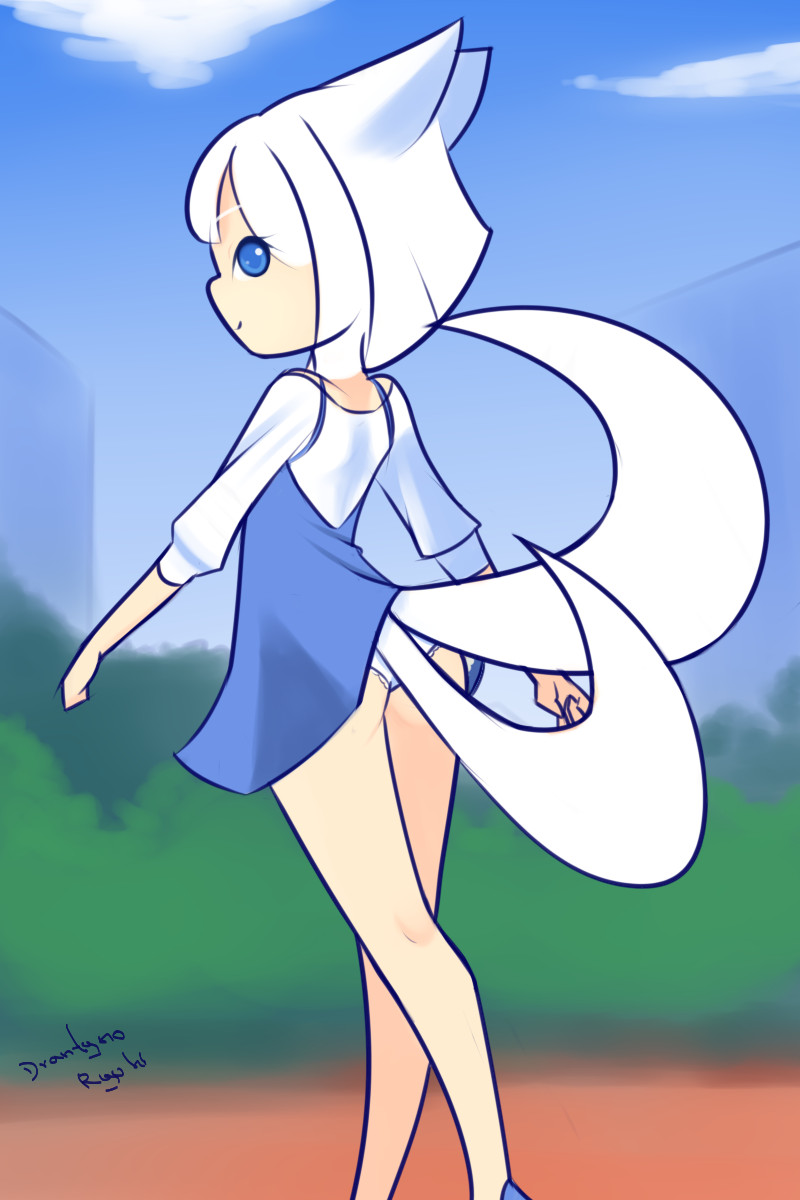 1girl, animal_ears, ass, blue_dress, blue_eyes, blue_shoes, bush, cloud