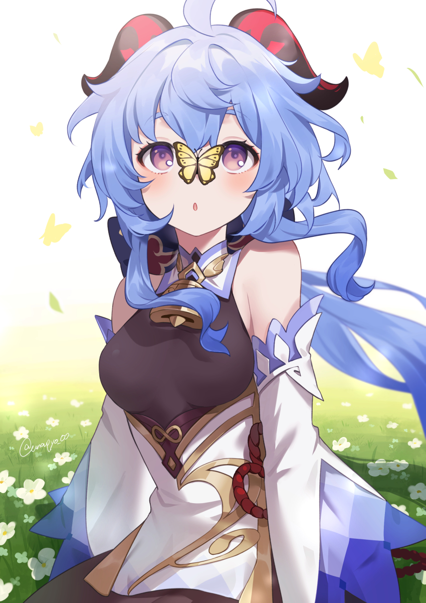 1girl, :o, absurdres, ahoge, bare_shoulders, bell, blue_hair, blush