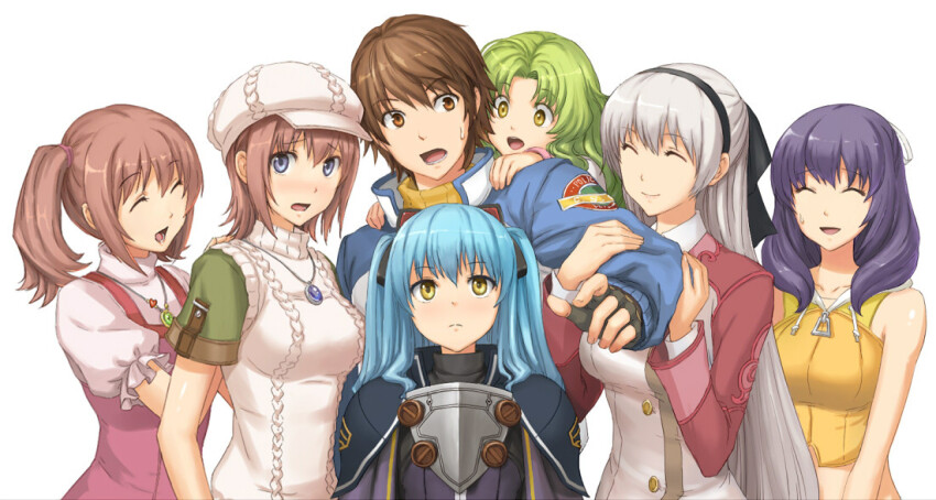 1boy, 6+girls, ^_^, animal_ear_headwear, armor, bad_id, bad_pixiv_id, black_gloves, black_hairband, black_ribbon, blue_hair, blue_jacket, breastplate, brown_eyes, brown_hair, closed_eyes, dress, eiyuu_densetsu, elie_macdowell, facing_another, fake_animal_ears, falcom, fingerless_gloves, fran_seeker, frilled_sleeves, frills, gloves, green_hair, green_shirt, grey_eyes, hair_ribbon, hairband, holding_another's_arm, hood, hood_down, hoodie, jacket, kea_(eiyuu_densetsu), light_blush, lloyd_bannings, long_hair, looking_at_another, looking_up, medium_hair, multiple_girls, noel_seeker, parted_lips, pinafore_dress, pink_dress, puffy_short_sleeves, puffy_sleeves, purple_hair, pushing, red_jacket, ribbon, rixia_mao, shirt, short_hair, short_sleeves, simple_background, sleeveless, sleeveless_dress, sleeveless_hoodie, sleeveless_sweater, smile, suguakiru, sweat, sweater, tio_plato, twintails, two_side_up, upper_body, white_background, white_hair, white_headwear, white_shirt, white_sweater, yellow_eyes, yellow_hoodie, zero_no_kiseki