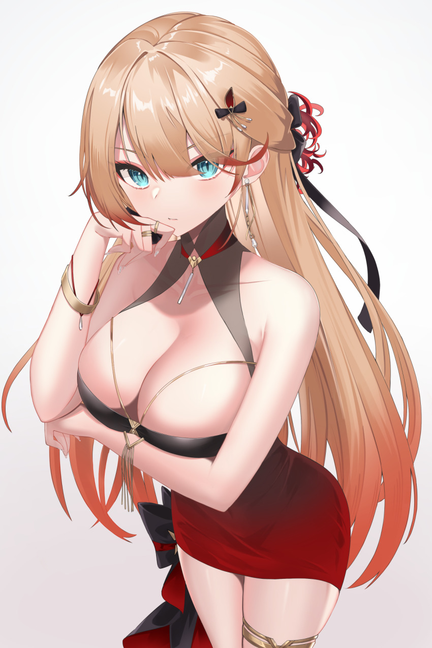 1girl, arm_under_breasts, asymmetrical_dress, azur_lane, black_dress, black_ribbon, blonde_hair, blue_eyes, breasts, cleavage, cocktail_dress, cowboy_shot, dress, earrings, evening_gown, gradient_clothes, gradient_dress, gradient_hair, grey_background, hair_ribbon, highres, howe_(azur_lane), howe_(evening_marvels)_(azur_lane), jewelry, kei_myoho, large_breasts, looking_at_viewer, multicolored_hair, official_alternate_costume, red_dress, ribbon, simple_background, sleeveless, sleeveless_dress, solo, tight_clothes, tight_dress