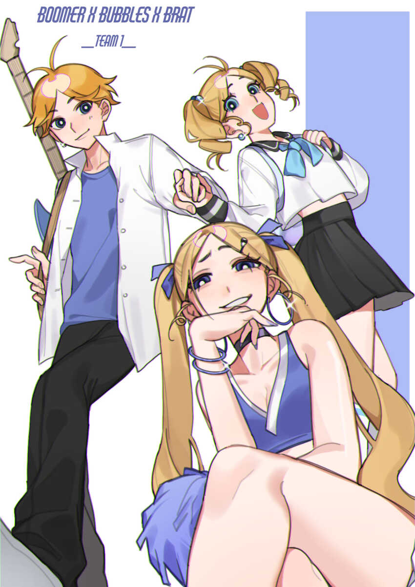 1boy, 2girls, :d, ahoge, antenna_hair, backpack, bag, bare_legs