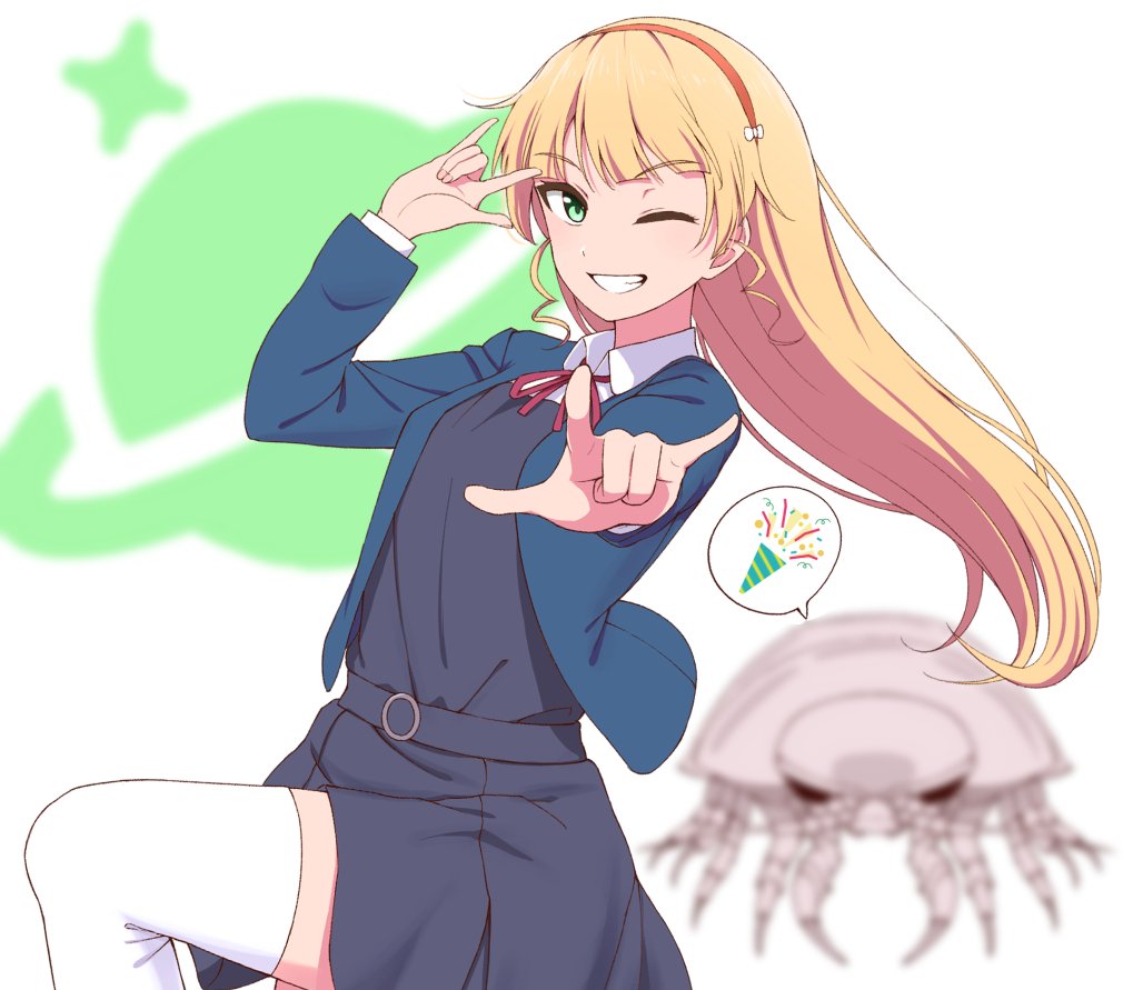 1girl, animal, bathynomus_giganteus, blonde_hair, blurry, blurry_background, commentary_request, crustacean, dress, green_eyes, grey_dress, hairband, happy_birthday, heanna_sumire, isopod, long_hair, looking_at_viewer, love_live!, love_live!_superstar!!, makkuri_(mako2025), red_hairband, school_uniform, smile, thighhighs, white_thighhighs, yuigaoka_school_uniform