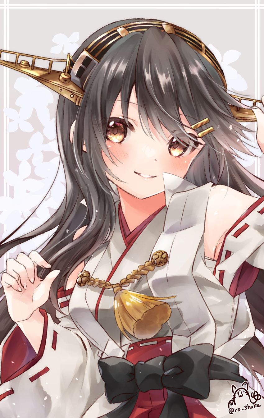 1girl, absurdres, black_hair, blush, brown_eyes, detached_sleeves, hair_ornament, hairclip