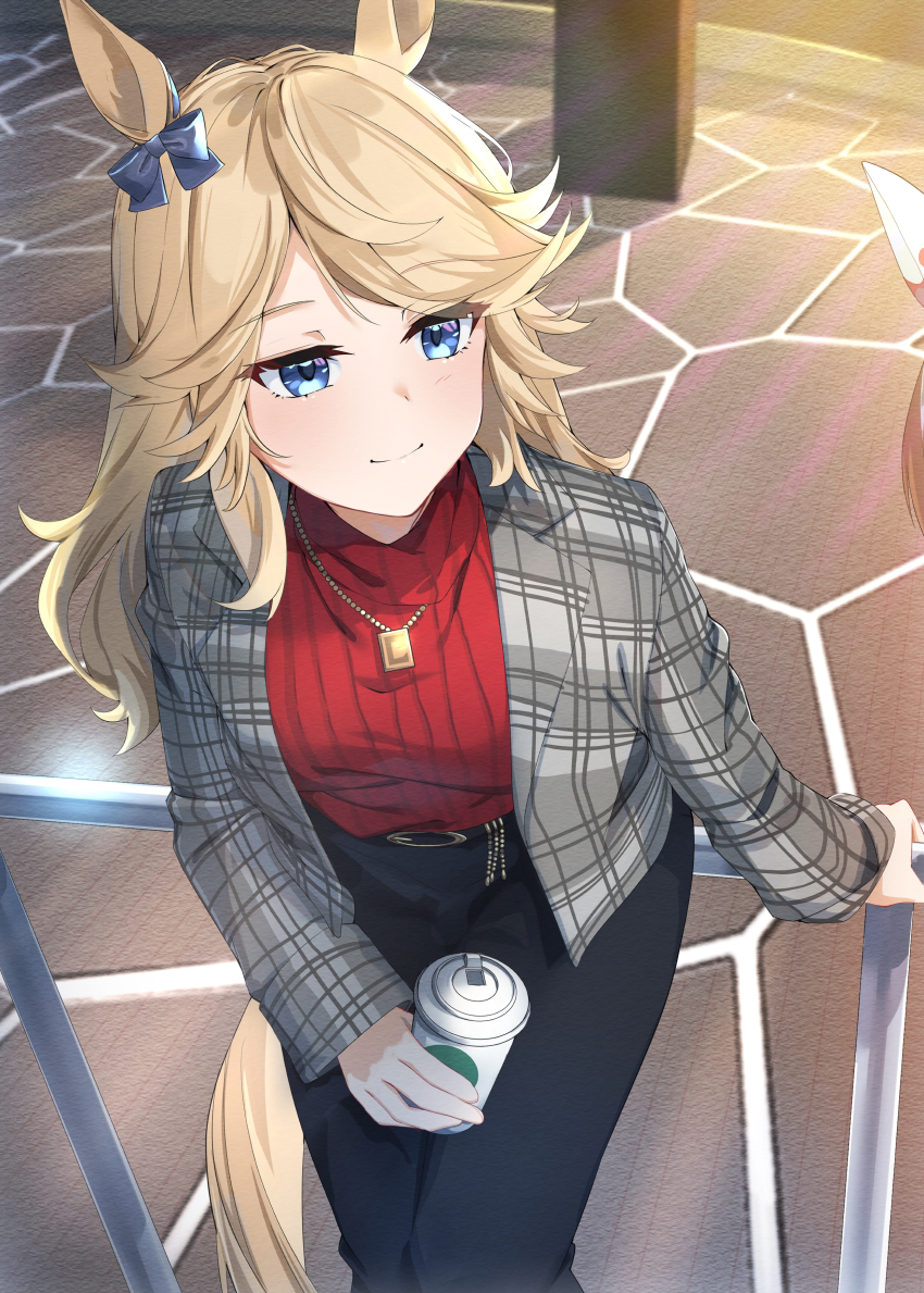 2girls, absurdres, animal_ears, black_pants, blonde_hair, blue_bow, blue_eyes, blush