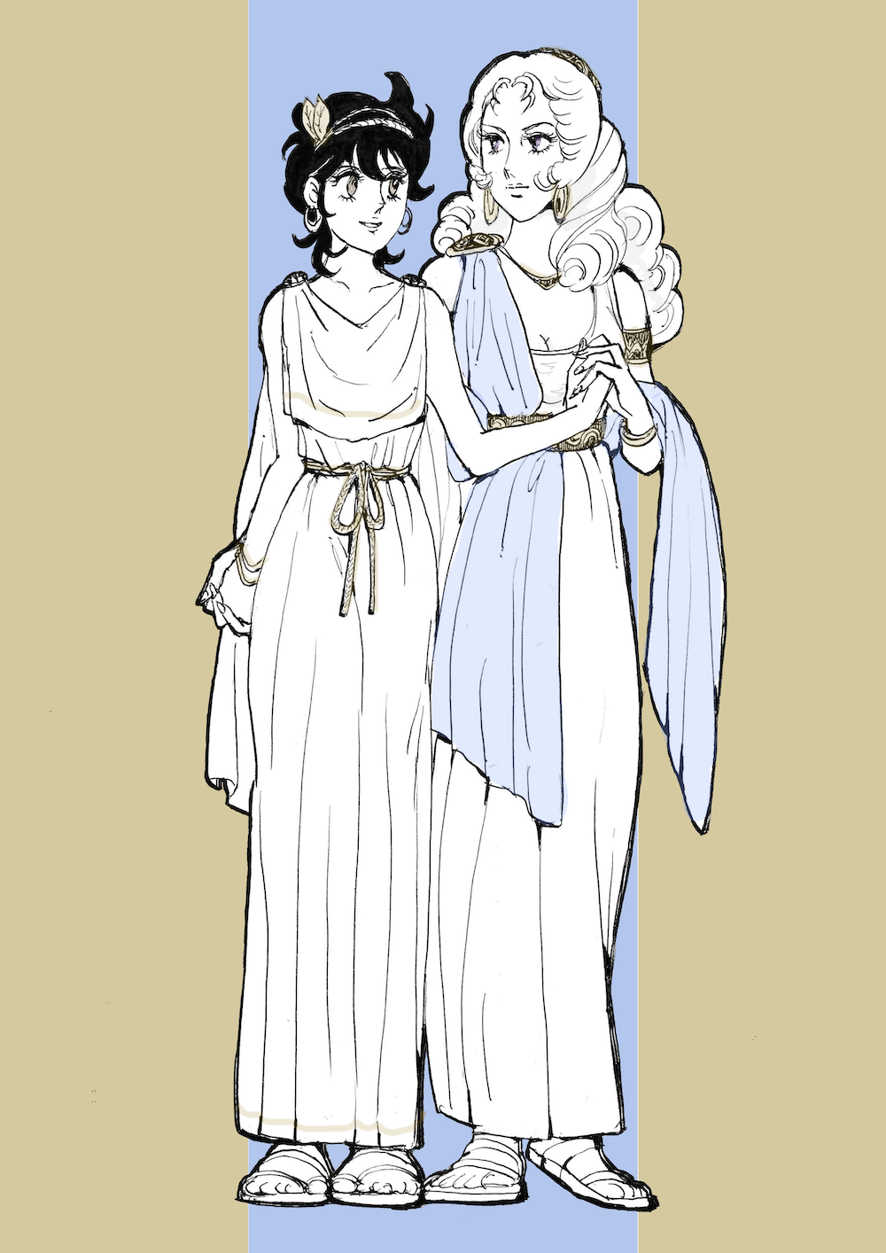 2girls, ace_wo_nerae!, ancient_greek_clothes, armlet, artist_request, black_hair, breasts, cleavage, earrings, greco-roman_clothes, highres, holding_hands, hoop_earrings, jewelry, long_hair, medium_breasts, multiple_girls, oka_hiromi, purple_eyes, ryuuzaki_reika, sandals, small_breasts, standing, toga, wavy_hair, yuri