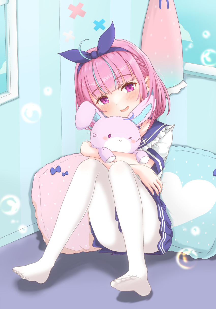 1girl, blue_headband, bob_cut, choro_star, colored_inner_hair, cuddling, headband, highres