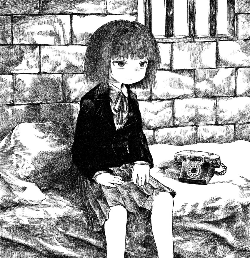 1girl, antique_phone, barred_window, blazer, blunt_bangs, blunt_ends, bob_cut, collared_shirt