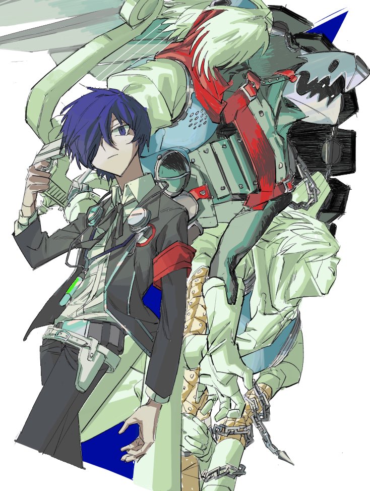 1boy, armband, artistic_error, belt, black_jacket, black_pants, black_ribbon, blazer