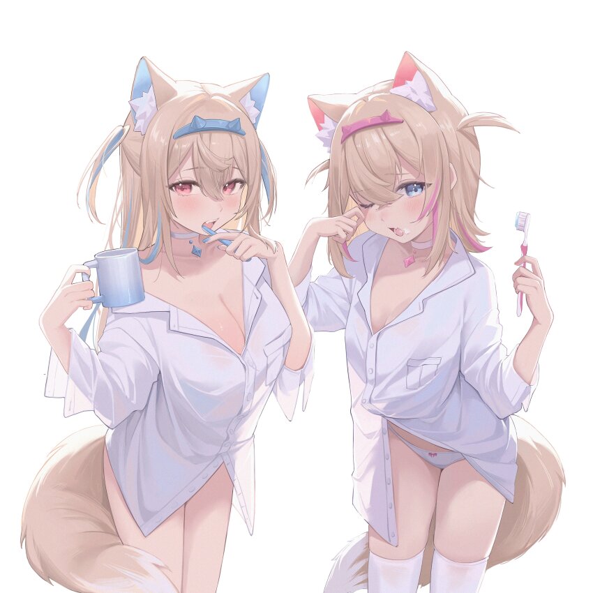 2girls, absurdres, animal_ear_fluff, animal_ears, blonde_hair, blue_eyes, blue_headband, breasts