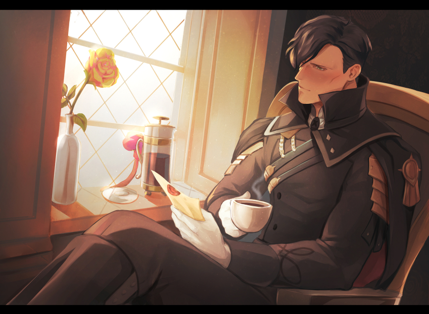 1boy, black_jacket, black_pants, cape, chair, cheekbones, closed_mouth, crossed_legs