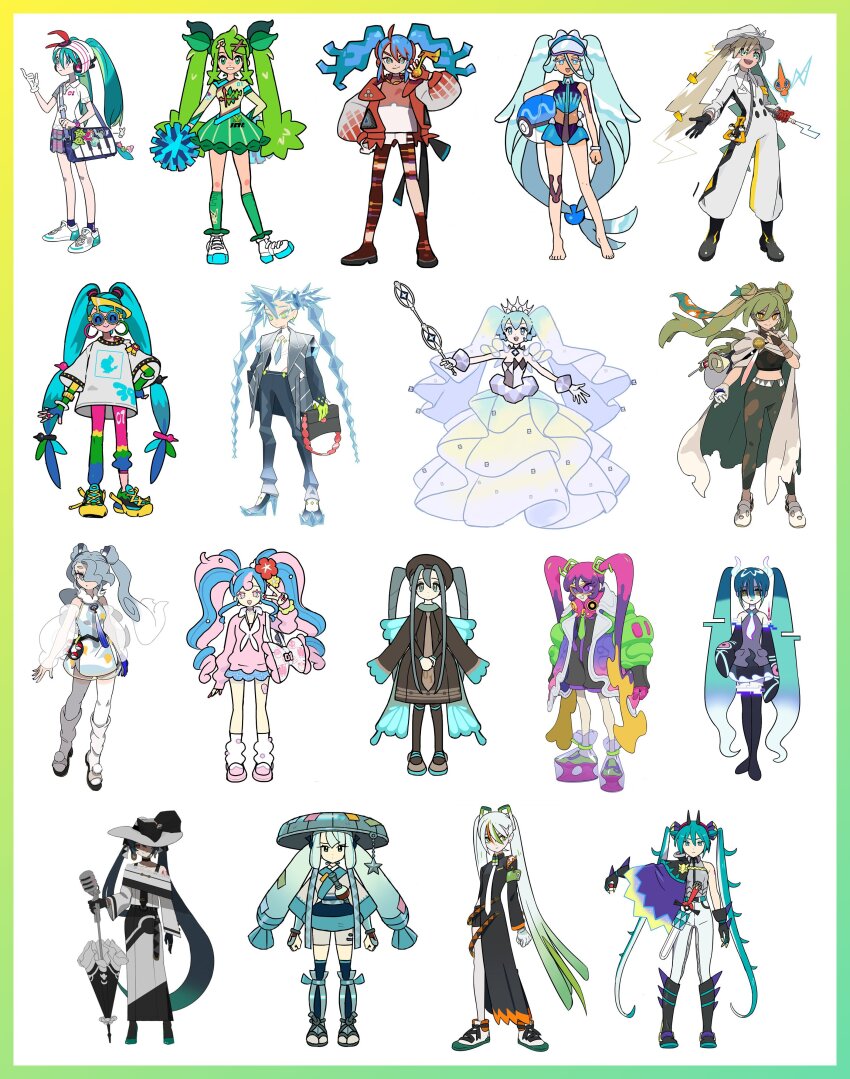 absurdres, bug_miku_(project_voltage), collage, dark_miku_(project_voltage), dragon_miku_(project_voltage), electric_miku_(project_voltage), fairy_miku_(project_voltage), fighting_miku_(project_voltage)