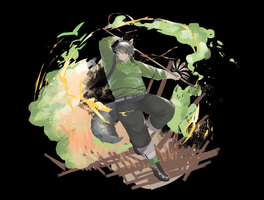 1boy, animal_ears, arm_up, bara, belly, belt, black_background, black_pants