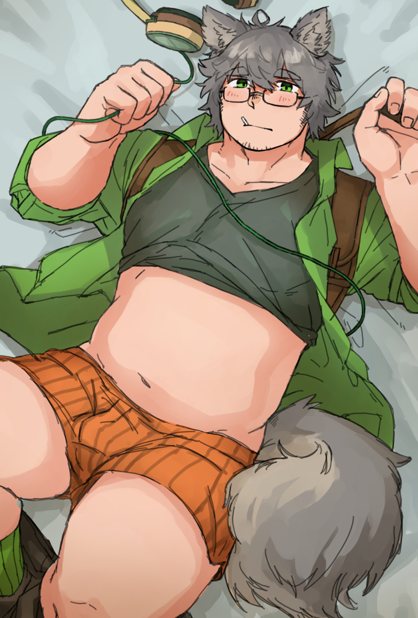 1boy, absurdres, animal_ears, bara, belly, blush, boxers, bulge, collared_shirt, facial_hair, fat, fat_man, feet_out_of_frame, fox_boy, fox_ears, fox_tail, glasses, goatee_stubble, green_eyes, grey_hair, haishiba_ame, hands_up, headphones, highres, layered_shirt, looking_at_another, lying, male_focus, male_underwear, mouth_hold, navel, oc_(haishiba_ama), on_back, open_clothes, open_shirt, orange_male_underwear, original, shirt, short_hair, solo, striped_male_underwear, stubble, tail, thick_eyebrows, thick_thighs, thighs, underwear