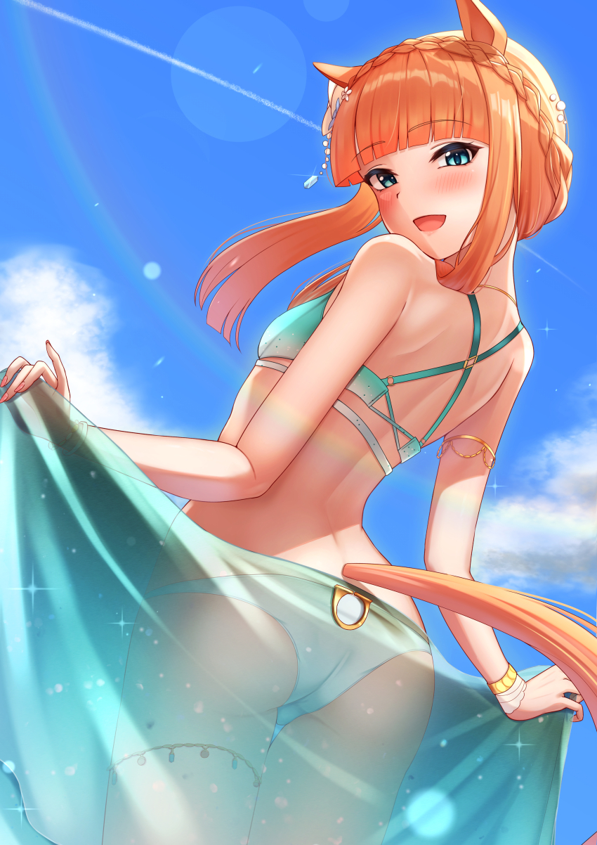1girl, absurdres, animal_ears, aqua_bikini, aqua_sarong, arugou, ass, bare_shoulders