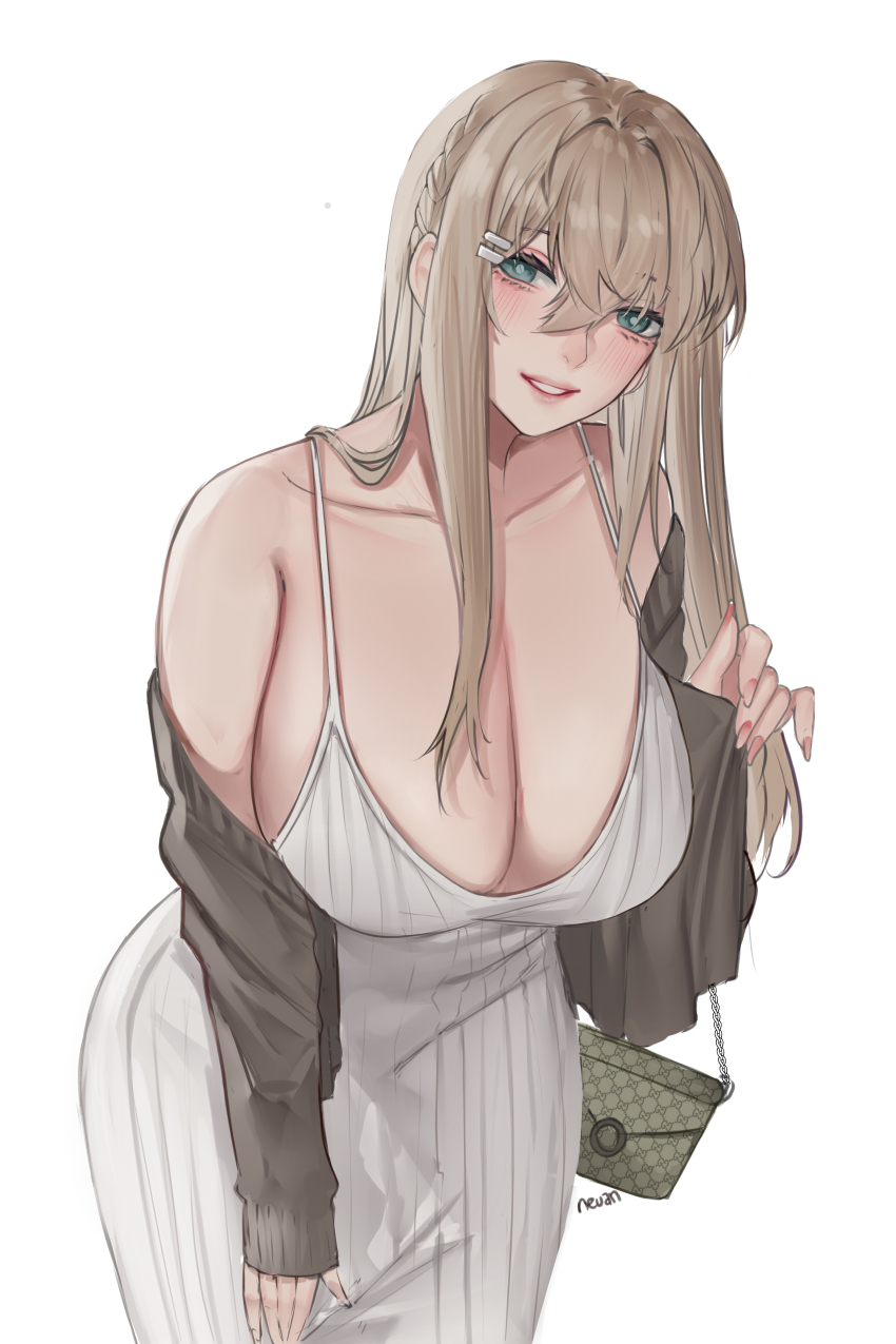 1girl, absurdres, blush, braid, breasts, brown_cardigan, cardigan, cleavage