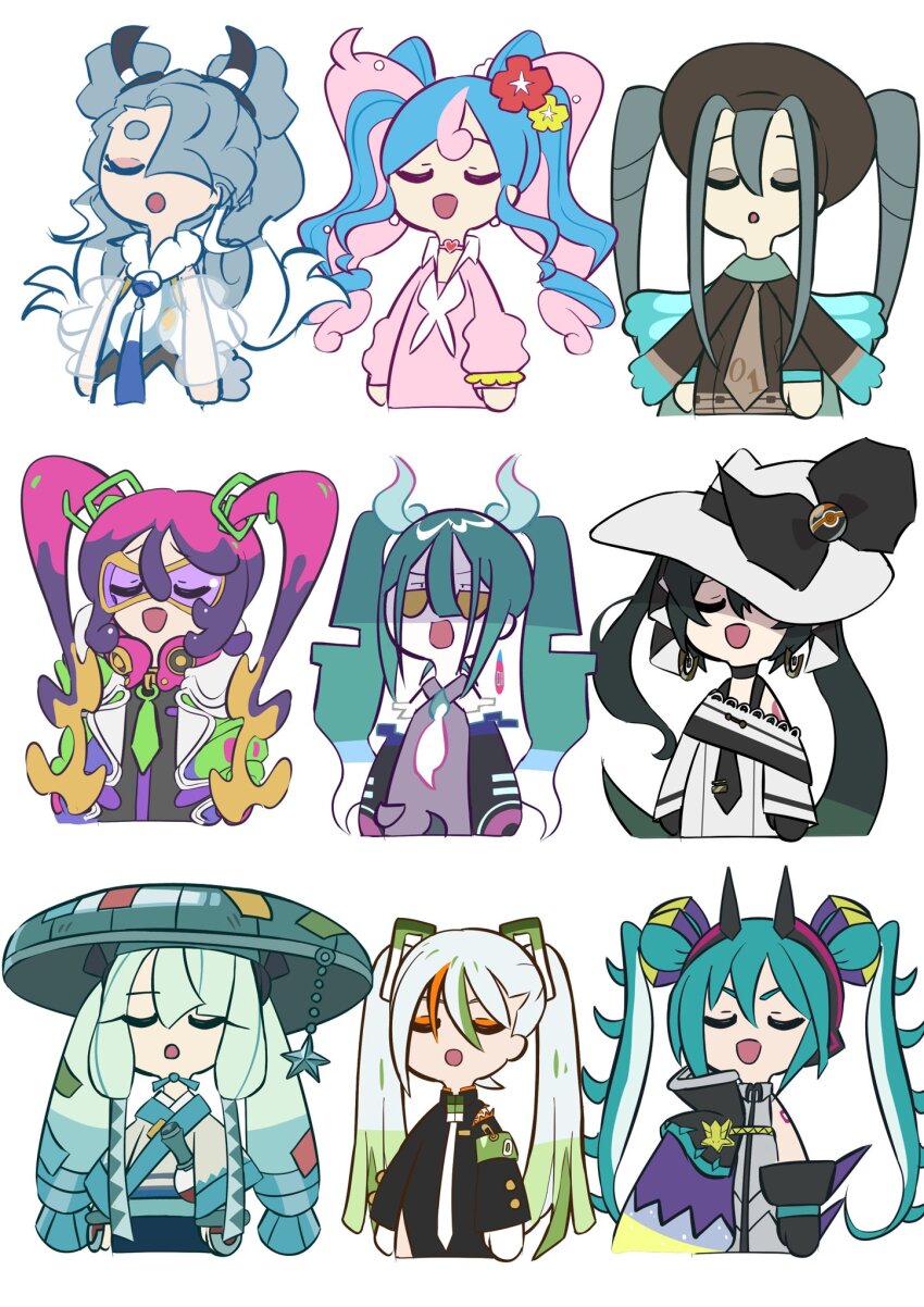 bug_miku_(project_voltage), chibi, closed_eyes, dark_miku_(project_voltage), dragon_miku_(project_voltage), fairy_miku_(project_voltage), fighting_miku_(project_voltage), flying_miku_(project_voltage)