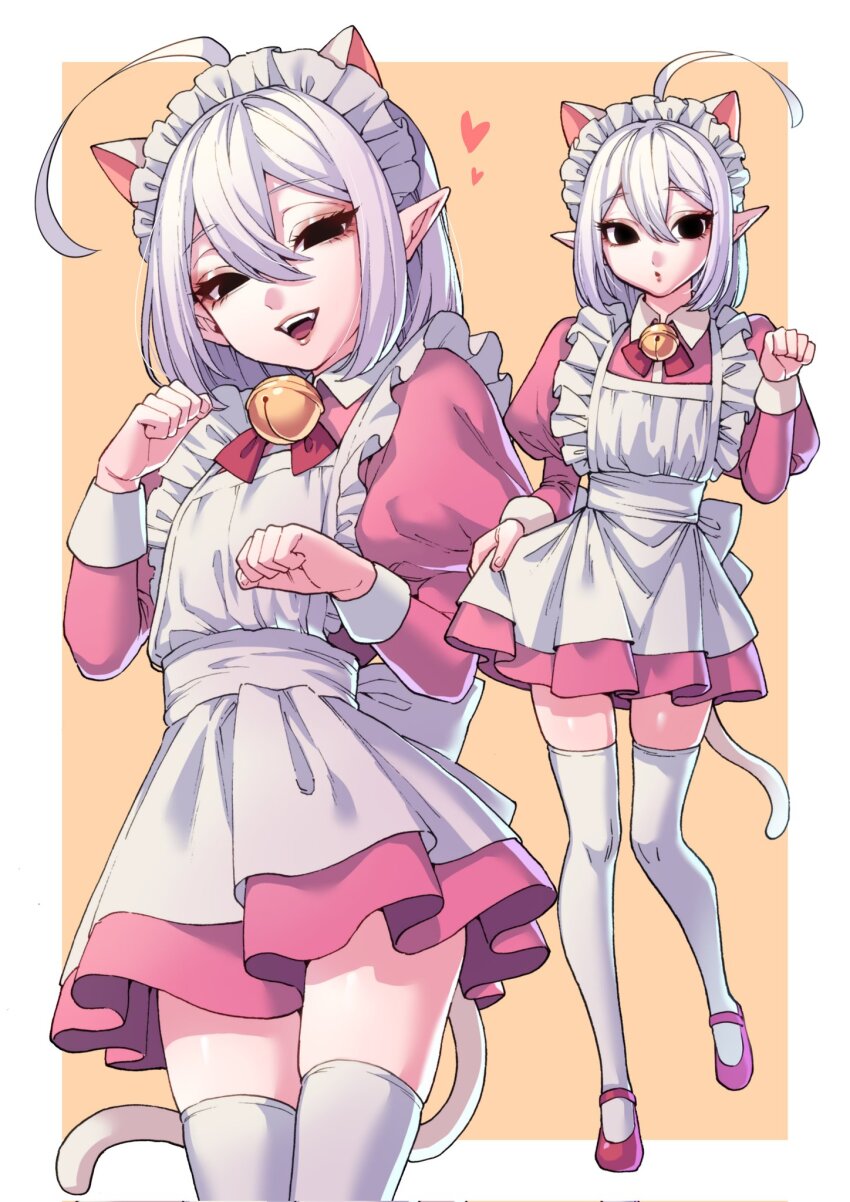 1boy, ahoge, animal_ears, apron, bell, black_eyes, cat_ears, cat_tail