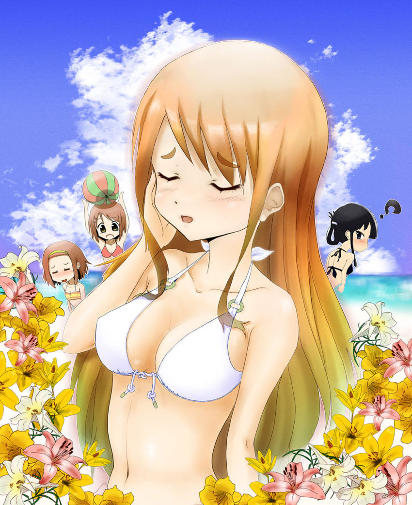 >, 4girls, akiyama_mio, bikini, bikini_top_only, blush, breasts, cleavage