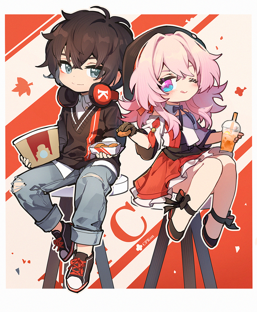 1boy, 1girl, ankle_bow, ankle_ribbon, artist_name, beret, black_bow, black_footwear, black_gloves, black_headwear, black_shirt, blue_eyes, blush, bow, cat_princess, chinese_commentary, collar, commentary_request, cropped_jacket, cup, dan_heng_(honkai:_star_rail), dan_heng_(kfc)_(honkai:_star_rail), deformed, detached_collar, disposable_cup, drink, earrings, food, gloves, hat, headphones, headphones_around_neck, high_heels, holding, holding_drink, holding_food, honkai:_star_rail, honkai_(series), jacket, jewelry, layered_skirt, leg_ribbon, march_7th_(honkai:_star_rail), march_7th_(kfc)_(honkai:_star_rail), medium_hair, miniskirt, multicolored_eyes, multicolored_jacket, off-shoulder_jacket, off-shoulder_shirt, off_shoulder, official_alternate_costume, one_eye_closed, pink_eyes, pink_hair, pumps, red_jacket, red_skirt, ribbon, shirt, short_sleeves, single_earring, single_glove, skirt, tongue, tongue_out, two-tone_eyes, white_collar, white_jacket, white_skirt