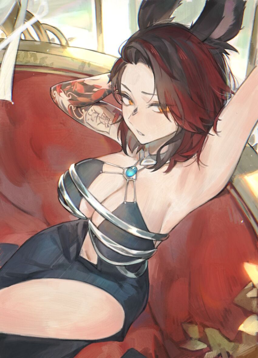 1girl, animal_ears, arm_behind_head, arm_tattoo, arm_up, armpits, black_dress, black_hair, blue_gem, breasts, center_opening, cleavage, commentary, commission, couch, cowboy_shot, dress, final_fantasy, final_fantasy_xiv, from_above, gem, highres, jewelry, kanji_tattoo, large_breasts, looking_at_viewer, looking_to_the_side, lucadark_art, multicolored_hair, navel, necklace, on_couch, orange_eyes, parted_lips, plunging_neckline, rabbit_ears, rabbit_girl, red_hair, short_hair, side_slit, sitting, solo, streaked_hair, tattoo, thighs, two-tone_hair, viera, warrior_of_light_(ff14)