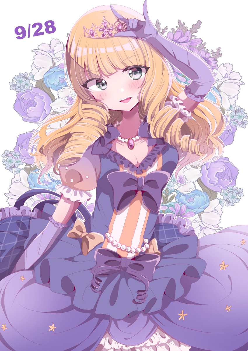 1girl, absurdres, blonde_hair, blunt_bangs, breasts, cleavage, dated, dress_flower