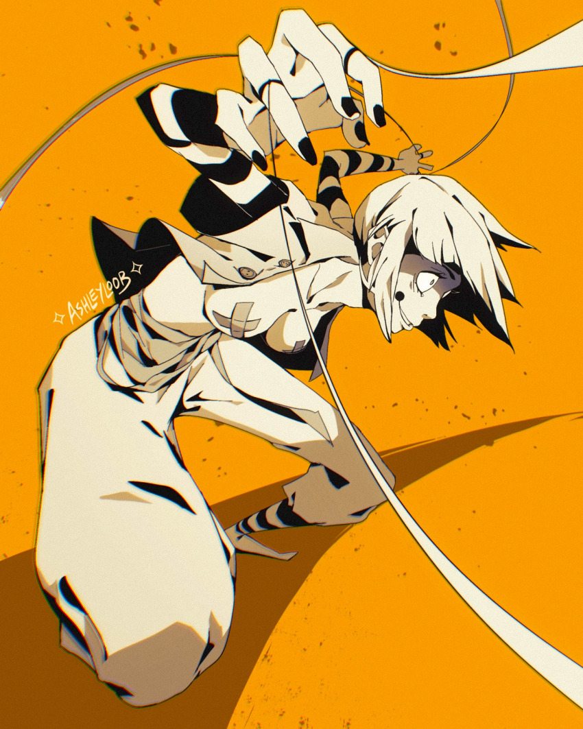 1girl, arms_up, ashleyloob, baggy_pants, black_nails, bob_cut, breasts, breasts_out, buttons, censored, collared_shirt, crazy_eyes, cross, cross_pasties, detached_sleeves, fighting_stance, fingernails, greyscale, grin, highres, leaning_forward, looking_to_the_side, marking_on_cheek, medium_breasts, monochrome, nail_polish, off_(game), open_clothes, open_shirt, orange_background, pants, partially_shaded_face, pasties, shirt, short_hair, small_pupils, smile, socks, solo, solo_focus, squatting, string_around_finger, striped_clothes, striped_sleeves, striped_socks, sucre_(off), tape, tape_censor, tape_on_nipples, unbuttoned, unbuttoned_shirt, white_hair