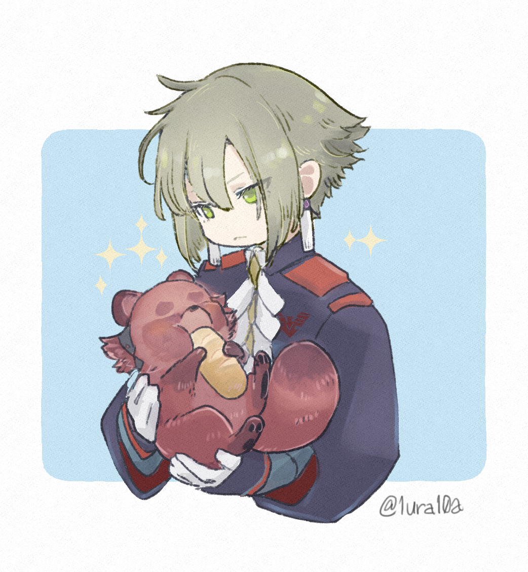 1boy, 1girl, animal, animalization, artist_name, asticassia_school_uniform, blue_background, border, bread, closed_mouth, commentary_request, earrings, elan_ceres, expressionless, eyes_visible_through_hair, food, gloves, green_eyes, green_hair, gundam, gundam_suisei_no_majo, holding, holding_animal, ichiura, jewelry, long_sleeves, outside_border, school_uniform, short_hair, shoulder_boards, simple_background, sparkle_background, suletta_mercury, tanuki, tassel, tassel_earrings, twitter_username, upper_body, white_border, white_gloves