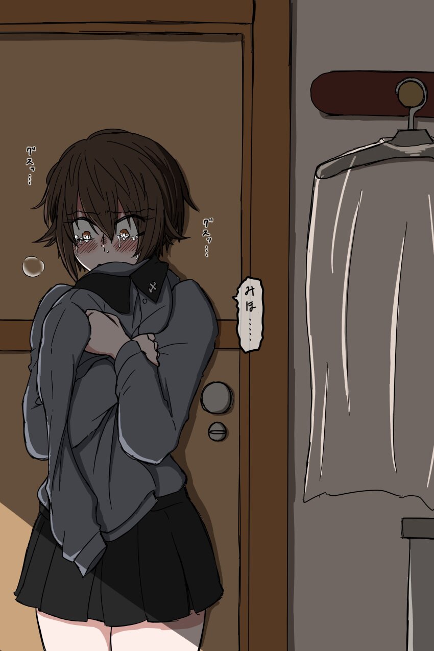 1girl, absurdres, bag, black_skirt, blush, brown_hair, clothes_hanger, covered_mouth