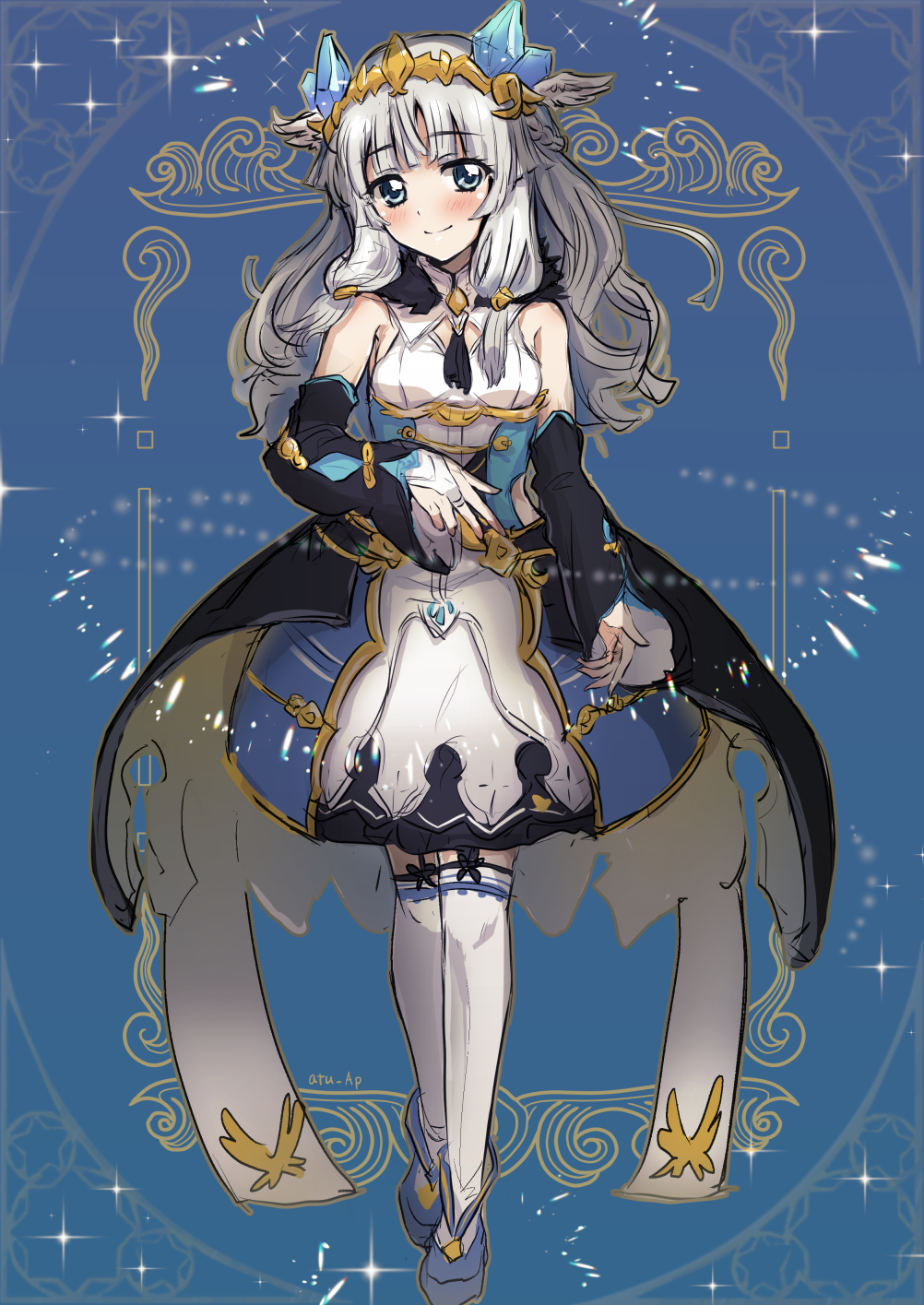 1girl, atsuatsu_ikura, bare_shoulders, beatrice_(rune_factory), blue_background, blue_dress, blue_eyes, blue_shoes, blush, bridal_gauntlets, closed_mouth, collar, commentary_request, crystal, detached_collar, detached_sleeves, dress, full_body, grey_hair, highres, long_hair, looking_at_viewer, rune_factory, rune_factory_5, shoes, smile, solo, standing, thighhighs, tiara, white_collar, white_thighhighs