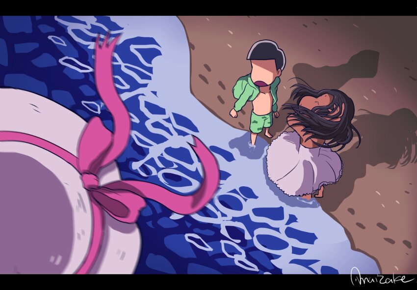 amaizake, artist_name, barefoot, beach, black_hair, dark-skinned_female, dark_skin, dayoon_girl