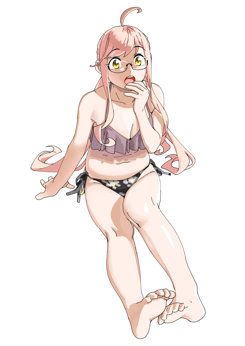 1girl, ahoge, barefoot, bikini, braid, crown_braid, double_bun, floral_print