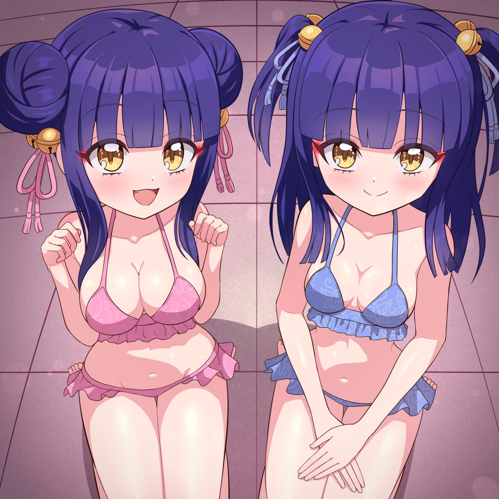 2girls, bell, bikini, bikini_skirt, blue_bikini, blue_hair, blush, breasts, closed_mouth, collarbone, fang, hair_bell, hair_bun, hair_ornament, hair_ribbon, jashin-chan_dropkick, kneeling, kyon-kyon_(jashin-chan_dropkick), large_breasts, looking_at_viewer, medium_breasts, multiple_girls, mumyou_ishi, navel, open_mouth, pink_bikini, ran-ran, ribbon, smile, swimsuit, twintails, yellow_eyes