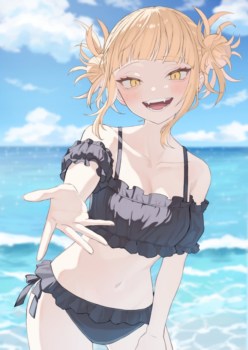 1girl, bare_shoulders, bikini, black_bikini, blonde_hair, blue_sky, blush, boku_no_hero_academia