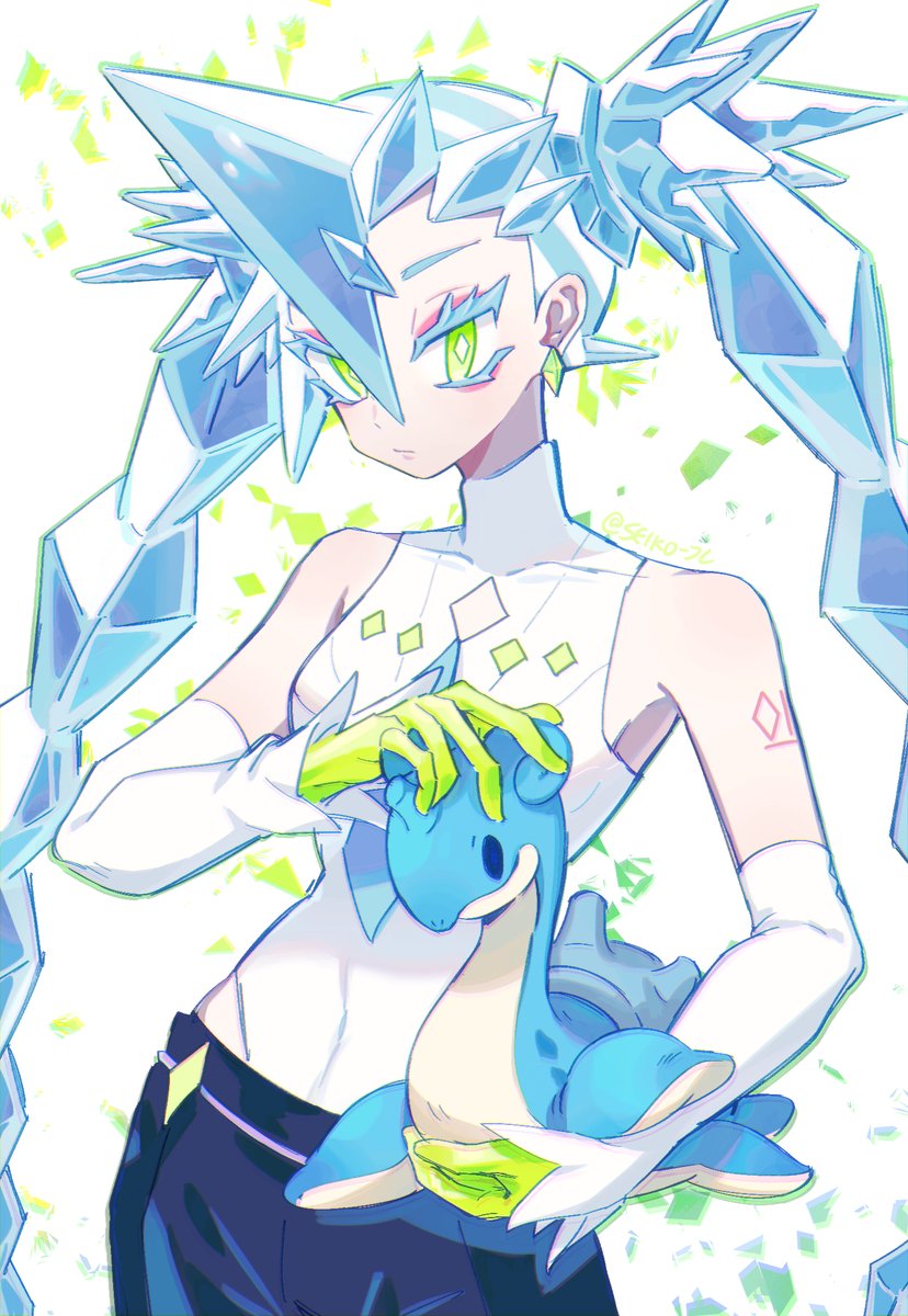 1girl, aqua_hair, arm_tattoo, bare_shoulders, black_pants, breasts, character_doll, closed_mouth, colored_eyelashes, crystal_hair, diamond-shaped_pupils, diamond_(shape), diamond_cutout, doll, earrings, gen_1_pokemon, gloves, green_eyes, green_gloves, hair_between_eyes, hatsune_miku, heattech_leotard, highres, holding, holding_stuffed_toy, ice_miku_(project_voltage), jewelry, jl_seiko, lapras, leotard, long_hair, looking_at_viewer, nintendo, pants, pokemon, project_voltage, shirt, small_breasts, solo, spiked_hair, standing, stuffed_toy, symbol-shaped_pupils, tattoo, turtleneck, twintails, very_long_hair, vocaloid, white_background, white_shirt