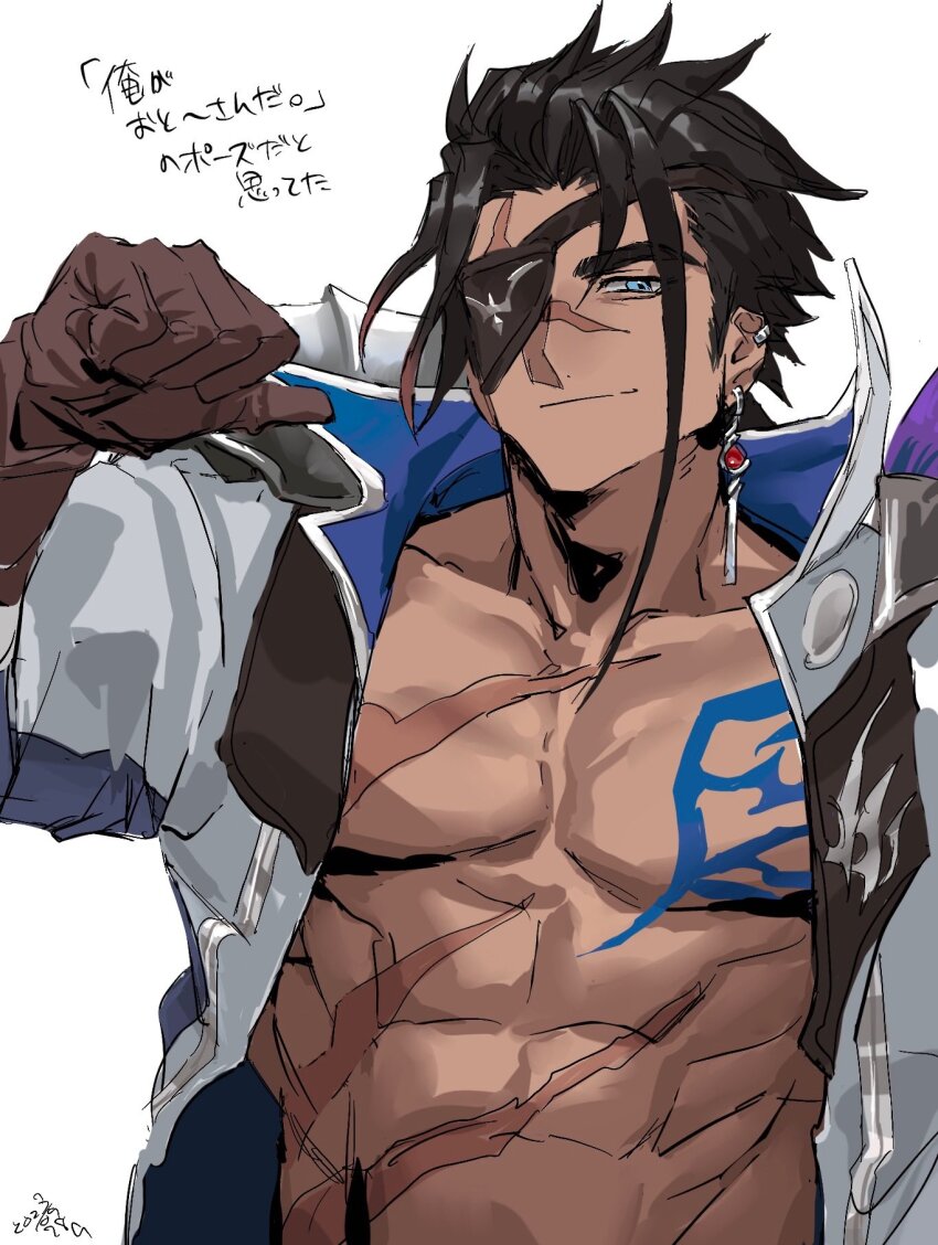 003_ssq, 1boy, abs, bara, bare_pectorals, black_hair, blue_eyes, body_markings, coat, dark-skinned_male, dark_skin, earrings, eyepatch, gloves, highres, jewelry, light_smile, looking_at_viewer, male_focus, muscular, muscular_male, no_shirt, open_clothes, open_coat, original, pectorals, scar, scar_on_chest, short_hair, single_earring, solo, stomach, thick_eyebrows, translation_request