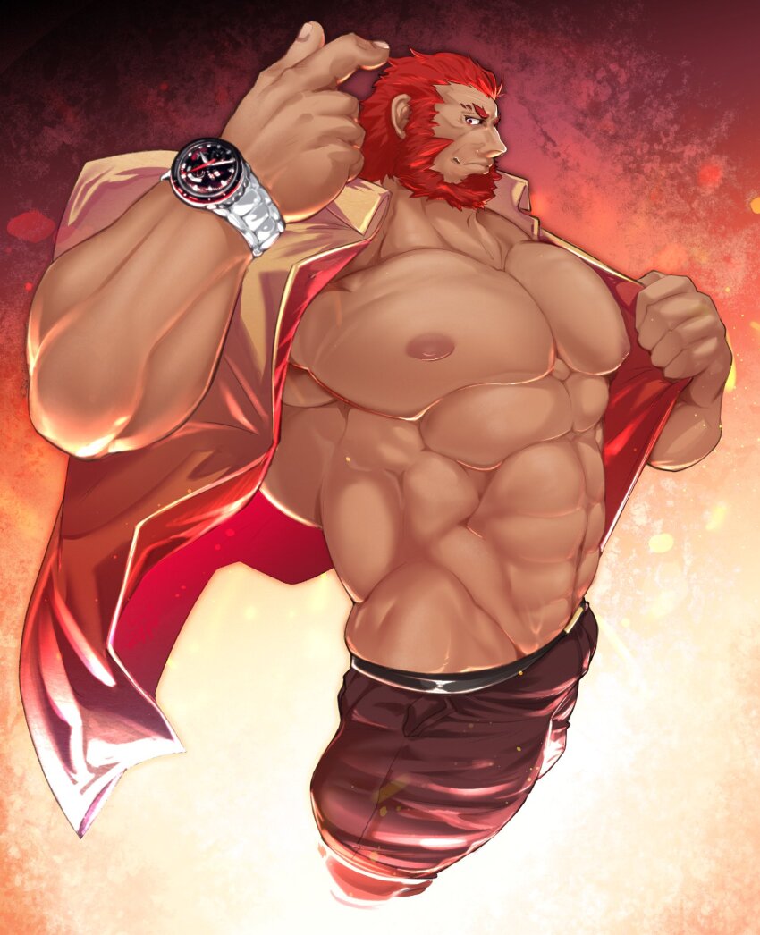 1boy, abs, bara, beard, belt, collared_shirt, facial_hair, fate/zero, fate_(series), feet_out_of_frame, highres, iskandar_(fate), kalonezhno, large_pectorals, looking_at_viewer, male_focus, manly, mature_male, muscular, muscular_male, nipples, open_clothes, open_shirt, pants, pectorals, red_background, red_eyes, red_facial_hair, red_hair, shirt, simple_background, smirk, solo, spiked_hair, thick_eyebrows, watch, wristwatch