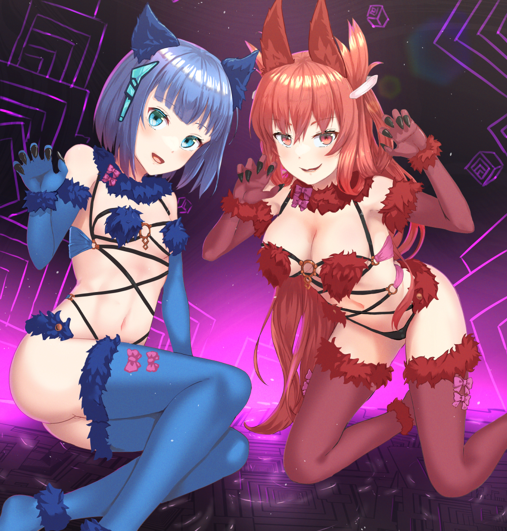 2girls, alternate_costume, animal_ears, arya_nadi, blue_eyes, blue_gloves, blue_hair, blue_thighhighs, breasts, claw_pose, commission, cosplay, elbow_gloves, fake_animal_ears, fate/grand_order, fate_(series), fur-trimmed_gloves, fur-trimmed_legwear, fur_collar, fur_trim, gloves, jishoochihei_sensen_aditiya, long_hair, looking_at_viewer, mash_kyrielight, mash_kyrielight_(dangerous_beast), mash_kyrielight_(dangerous_beast)_(cosplay), medium_breasts, mithra_(dies_irae), multiple_girls, navel, o-ring, o-ring_top, okina_(805197), red_eyes, red_gloves, red_hair, red_thighhighs, revealing_clothes, shinza_bansho_series, skeb_commission, small_breasts, thighhighs, very_long_hair