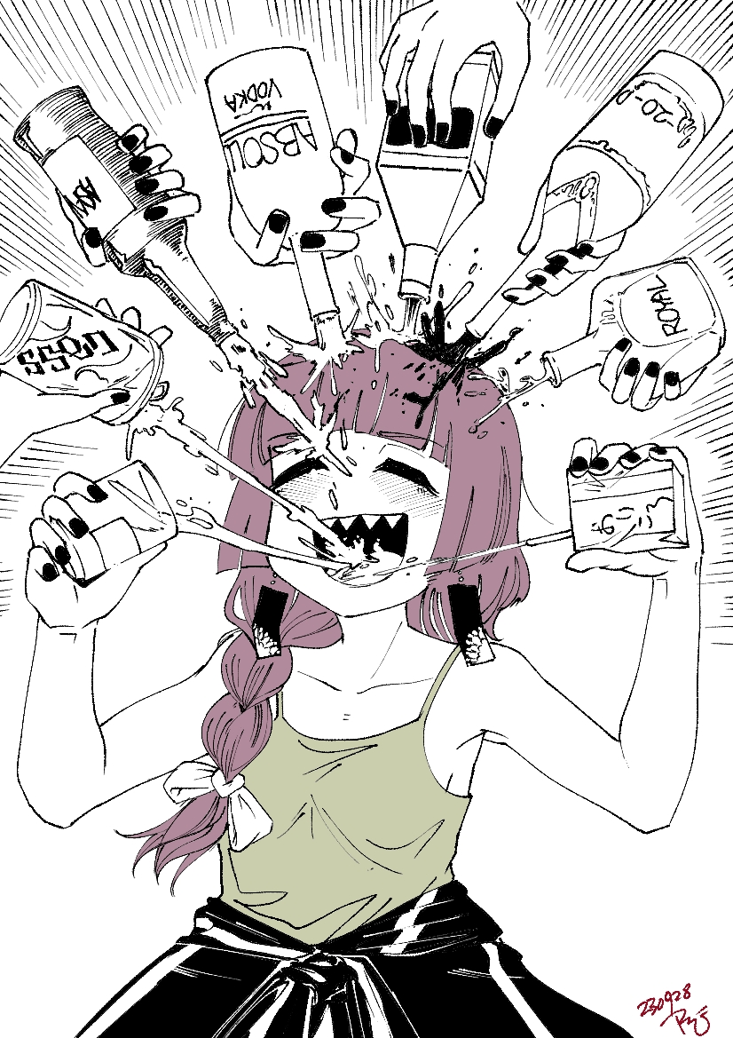 6+girls, :d, alcohol, alcohol_carton, black_nails, blunt_bangs, blush, bocchi_the_rock!, bottle, bow, braid, can, closed_eyes, collarbone, commentary, cup, dated, disembodied_hand, dress, drink_carton, drinking, drunk, earrings, emphasis_lines, fingernails, green_dress, hair_bow, hair_over_shoulder, hands_up, hiroi_kikuri, holding, holding_bottle, holding_carton, holding_cup, holding_drink_carton, jacket, jewelry, long_hair, multiple_girls, open_mouth, pouring_onto_another, purple_hair, radish_p, sexually_suggestive, sharp_teeth, signature, simple_background, single_braid, smile, solo_focus, squirting_liquid, teeth, upper_body, white_background